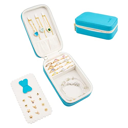 Small Travel Jewelry Organizers Box for women with PU Leather Portable Mini Jewelry Case with compartments for Necklace Rings Earrings,Luxury Giftable boxes. (Blue green, M) - color: Blue green, size: M