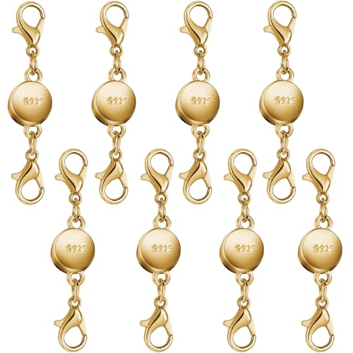 925 Silver and Gold Magnetic Necklace Clasps, Round Necklace Clasp Closures for Jewelry Making,Magnetic Necklace Clasps and Extenders,for Bracelet Necklace and Accessories (8pcs Gold) - color: 8pcs gold