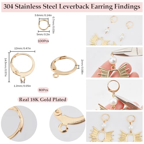 SUNNYCLUE 1 Box 180Pcs Earring Findings Kit 80Pcs Real 18K Gold Plated Stainless Steel Leverback Earring Hooks 100Pcs Open Jump Rings Hypoallergenic Huggie Lever Back Ear Wires for Jewelry Making Kit - color: 80pcs 18k Gold Plated Leverbacks & 100pcs Open
