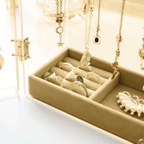 Lolalet Necklace Holder Organizer, Acrylic Jewelry Organizer with 24 Hooks, Rotating Clear Necklaces Display Box, Dust-proof Jewelry Storage Case with Velvet Tray -Gold - color: Gold