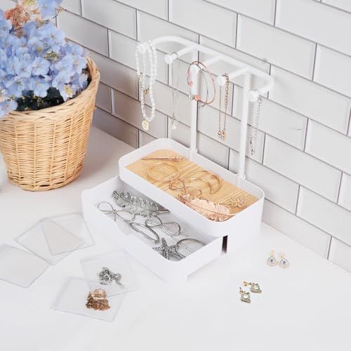 WCHOSOZH Jewelry Organizer Stand, 2-Tier Necklaces Holder with Wooden Tray and 5 Storage Hooks, Earring Holder with 5 Pcs Jewelry Bags for Bracelet,Chains,Rings,Earrings,Keys Watches (White) - color: Upgraded White