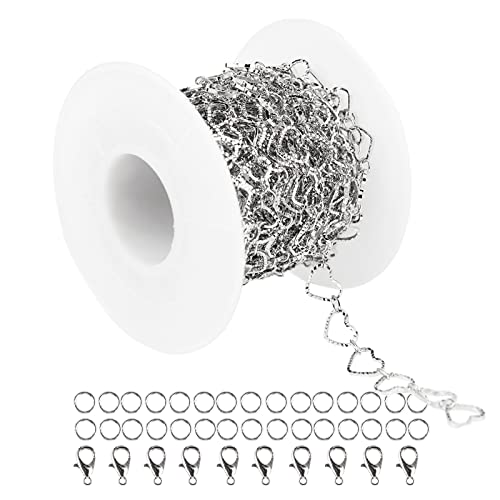 YOUBEIYEE 16.4 Feet Silver Plated Heart Chain Brass Handmade Embossed Link Chains Bulk on Spool with Open Jump Rings Lobster Clasps for Bracelet Necklace Jewelry Making - color: Silver Hollow Heart