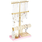 Tirzah 3-Tier Adjustable Gold Jewelry Holder Organizer Stand with 20 Necklace Hooks, 18 Earring Holes and Notches, Bracelet Holder, 6 Ring Rolls, Pink Tray for Girls, Women - color: Gold & Pink, for Necklace Earring Bracelet