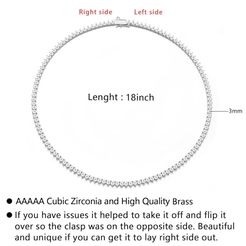 BREN 3mm 3 Prong Tennis Necklaces for Women Men, 18K White/Yellow Gold Plated 16/18 inches Round Cubic Zirconia Dainty Chain Jewelry - color: White Gold-3mm, size: 18 inch