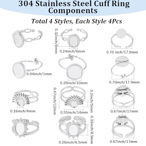 SUNNYCLUE 1 Box 4 Styles 16Pcs Ring Blank Setting Stainless Steel Bezel Ring Blanks Silver Adjustable Antique Metal Base Tray Findings Components for Jewelry Making DIY Gifts Supplies Women Adults - style: Ring 3