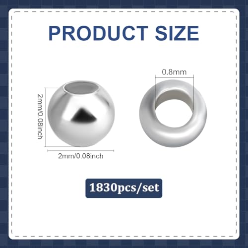 PH PandaHall 1830pcs 925 Sterling Silver Plated Round Beads, 2mm Seed Beads Seamless Smooth Spacers Round Ball Spacers Brass Waist Bead for Necklace Earring Layered Bracelet Jewelry Making - size: 2mm