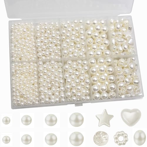 Round Spacer Beads Set for Bracelets, ABS Plastic Gold and Pearl Beads 4/5/6/8mm 4 Size Smooth Ball Bead for Jewelry Making Metal Circle Bead for Bracelet Necklace Earring Making (Pearl) - color: Pearl