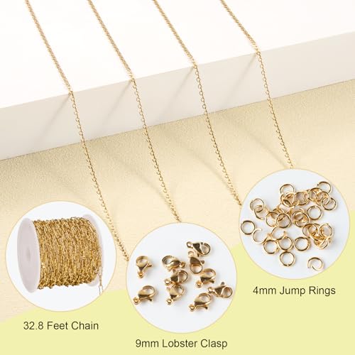 SMYHTGLIF 32.8 Feet Thin Cable Chain for Jewelry Making Gold Stainless Steel Bulk Chain Rolo Craft Jewelry - color: Rolo Gold