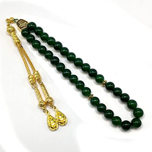 Simple Designed Natural Stone Worry Beads (8mm -33 Beads) - Prayer Beads Tesbih-Tasbih-Tasbeeh-Misbaha-Subha-Sebha-Sibha-Rosary (Green Jade -8 mm 33- Beads/Gold Tassel) - color: Green Jade -8 mm 33- Beads / Gold Tassel