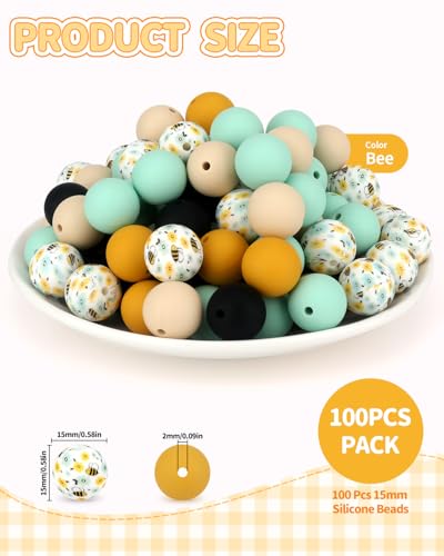 100 Pcs 15mm Silicone Beads for Keychain Making, Bee Silicone Beads Bulk Round for Bracelets Pens Crafts Jewelry Making (Bee) - color: Bee