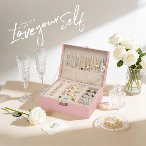 Homeanda Jewelry box 2 layer Jewelry box Leather Jewelry boxes for Women Girls Teens Jewelry organizer box Jewelry Storage box with lock(Pink) - color: Pink