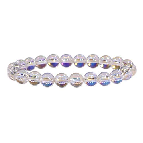 Angelstones Handmade Natural Healing Gemstone 6mm Round Beads Stretch Crystal Bracelet 7 Inch Unisex - color: Aqua Aura Clear Quartz