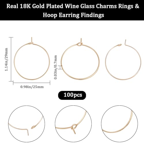 Beebeecraft 1 Box 100Pcs 25mm Wine Glass Charm Rings 18K Gold Plated 316 Stainless Steel Open Round Beading Earring Hoops Findings Supplies for Jewelry Making DIY Craft Kit - color: Gold, size: 25mm