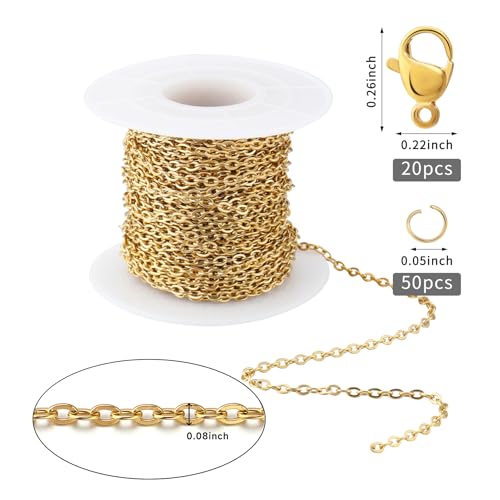 Topacket 33Feet 18K Gold Stainless Steel Necklace Chains Cable Link Chains for Jewelry Making DIY Craft Kit with Lobster Clasps Jump Rings - color: Gold, size: 2.0mm