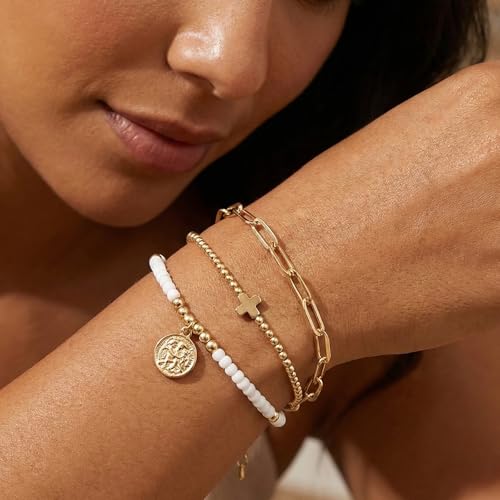 Christian Cross Jesus Pendant Charm Gold Rope String Beaded Bracelets Stack Set for Women,Handmade Bohemian Colorful Adjustable Jewelry,God Lucky Protection Friendship Gift - color: White Ball
