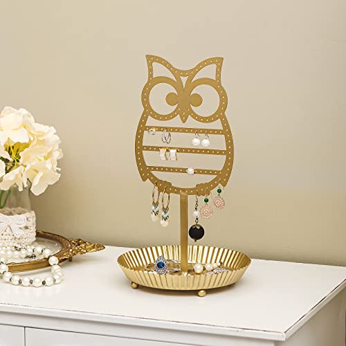 NIKKY HOME Earring Holder Hanging Organizer Stand Metal Jewelry Tree Table Top Owl Ear Stud Holder Tower Rack with Ring Tray for Girls (134 Holes), Gold - color: Gold