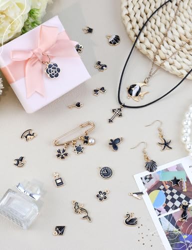 JIALEEY Assorted Gold Plated Enamel Charm Pendant DIY for Earrings Necklace Bracelet Jewelry Making and Crafting, Black 50PCS