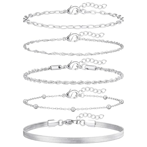 adoyi Gold Bracelets for Women, 14K Gold Plated Stackable Bracelet Stack Set Adjustable Charm Paperclip Chain Cuban Link Layered Waterproof Jewelry Sets Gifts for Womens - color: Silver 6.5 IN General Wrist