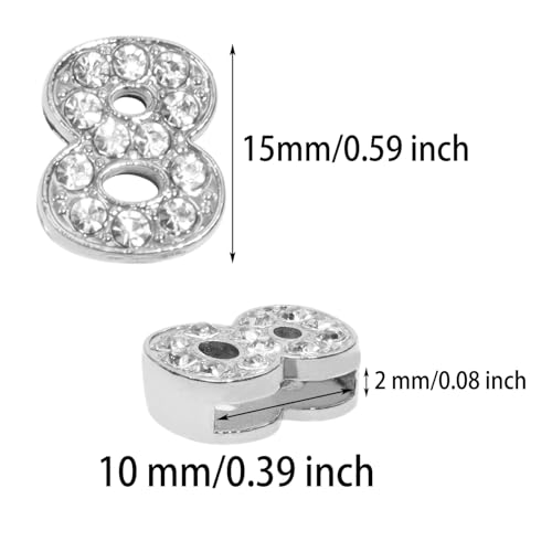 Shapenty 10mm Full Rhinestone 0-9 Number Slide Charms Spacer Beads for DIY Craft Bracelet Wristband Necklace Choker Keychain Hair Clip Jewelry Making, 50PCS - color: Silver