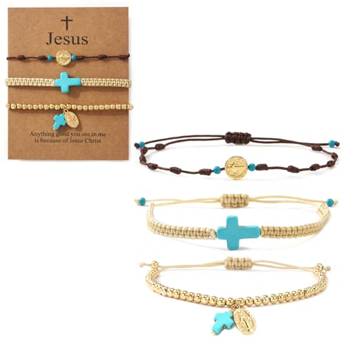 Christian Cross Jesus Pendant Charm Gold Rope String Beaded Bracelets Stack Set for Women,Handmade Bohemian Colorful Adjustable Jewelry,God Lucky Protection Friendship Gift - color: Blue