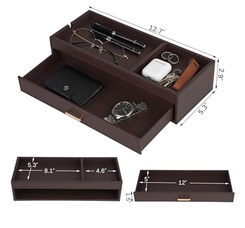 HofferRuffer Valet Jewelry Tray Organizer with Drawer, Faux Leather Storage Catchall Box Phone Charging Station Tray with Dresser Nightstand Desktop Drawer Organizer (Dark Brown) - color: Dark Brown