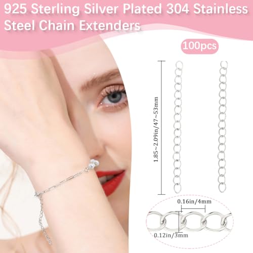 Beebeecraft 100Pcs 5cm Tail Extender Chain for Jewelry Making 925 Sterling Silver Plated 304 Stainless Steel Bracelet Extensions End Extender Chain for Necklace Anklets Keychain DIY Crafts Supplies - color: Silver