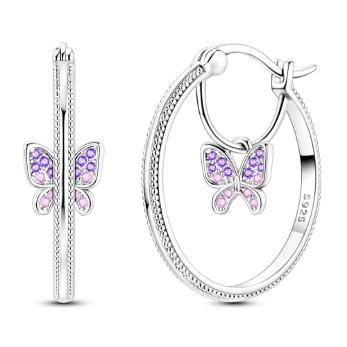 LAZA 925 Sterling Silver Hoop Earrings for Women, Sterling Silver Butterfly Hoops Colorful Flowers Hoop Huggie Earrings Hypoallergenic Jewelry Gifts for Women - color: Purple Butterfly Earring
