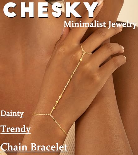 CHESKY 14K Gold Plated Hand Chain Bracelets for Women Set - Dainty Finger Ring Bracelet Stack Adjustable Hand Chains Durable Beaded Bracelets Trendy Simple Body Jewelry Gift for Women - style: 2chain bead bracelet-gd