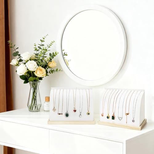 2 Pack Cambered Necklace Display Stand, Soft Leather Necklace Bracelet Organizer Rack for Selling, White Tabletop Jewelry Display Storage Holder for Necklaces, Pendant, Mother's Day