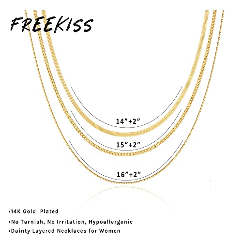 Freekiss Women's Layered Necklace Set - 3 Piece Dainty Gold Jewelry for Everyday Stacking | 14K Gold Plated Snake Chain, Rope Chain, Cuban Chain | Adjustable Length 14-18.5 Inch | Gift Ready - color: Gold, style: Cuban+Box chain+Snake