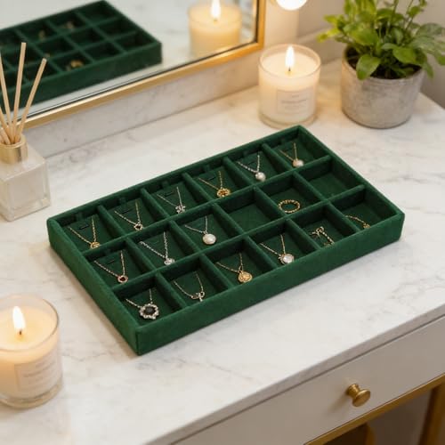 Velvet Jewelry Organizer Trays Dark Green Stackable Jewelry Storage Display Tray with Removable Dividers, 18 Grids - color: Dark Green