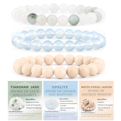 2/3-Pieces 4mm 6mm 8mm Natural Crystal Gemstone – Handmade Reiki Energy Healing Stretch Bracelets Jewelry for Yoga, Meditation, Unisex - color: 3 Pieces (Opalite&TianshanJade&WhiteFossilJasper), size: 8mm