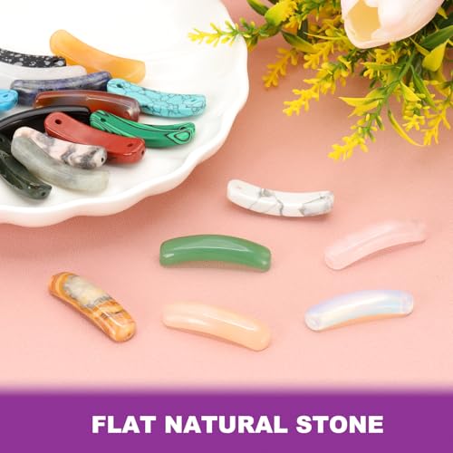 PATIKIL 4 Pcs Natural Stone, 36 x 10 mm Natural Curved Clear Quartz Stone Crystal Handmade Jade Flat Beads for DIY Crafting, Peacock Pine - color: Peacock Pine