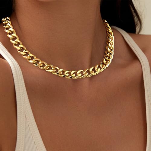 WomenGifts Cuban Link Chain Necklace for Women, Waterproof 14k Gold Silver Plated Chain Choker, Non Tarnish Stainless Steel Jewelry, 3.5/5/6/8/11mm,14/16/18 Inch Thin&Chunky&Thick - color: Gold, style: 11MM-14"
