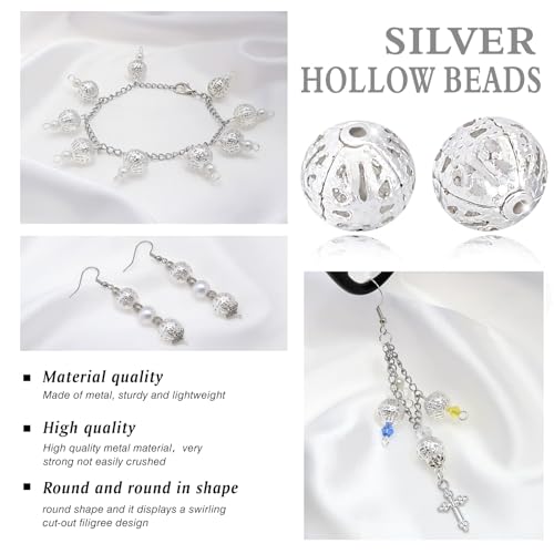 TOAOB 100pcs 10mm Silver Plated Filigree Hollow Ball Beads Round Metal Loose Spacer Beads for DIY Crafts Bracelets Necklaces Earrings Jewelry Making - color: Silver, size: 10mm