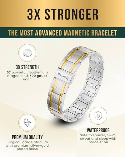 MagnetRX® 3X Strength Magnetic Bracelets for Men – Effective Magnetic Titanium Bracelet for Men – Premium Fold–over Clasp & Adjustable Length with Sizing Tool & Gift Box (Silver/Gold) - color: Silver & Gold (3X Strength)