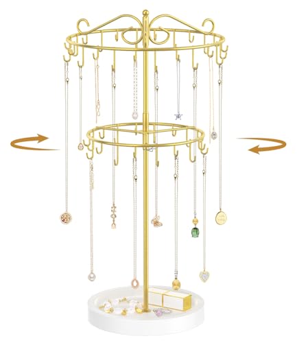 MODOWEY Necklace Holder Organizer Rotating Display, 42 Hooks Adjustable Tree Stand for Long Chain, 2 Tier Tabletop Metal Rack with Wooden Tray for Women, No More Tangled Pendant Jewelry, Gold+White - color: Gold+White