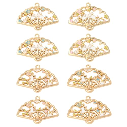 Assorted Metal Connectors Pendants Charms for Jewelry Making with Double Loops Flower Evil Eyes Butterfly Heart Cross Links Golden Pendants for Necklaces Bracelets Earrings - color: Fan with Rabbit- 8 pcs
