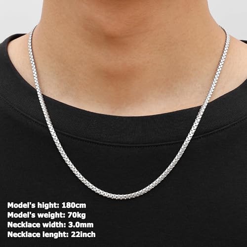 Fiusem Flat Box Chains for Men, 2.5/3/4/4.5/5mm Silver Tone Box Chain Necklace, Stainless Steel Necklaces for Men and Women 16-28 Inches, Jewelry Gift - size: 16 Inches, style: Silver 3MM