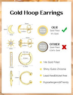 ORAZIO Small Gold Hoop Earrings for Women Hypoallergenic 14K Gold Plated Chunky Huggie Earring Sets for Multiple Piercing Dainty Earing Stacks Set Cute Silver Cartilage Jewelry Trendy Gifts - style: 14K Gold Plated-Star Moon