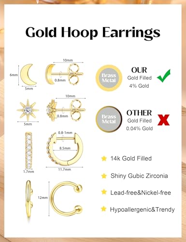 ORAZIO Small Gold Hoop Earrings for Women Hypoallergenic 14K Gold Plated Chunky Huggie Earring Sets for Multiple Piercing Dainty Earing Stacks Set Cute Silver Cartilage Jewelry Trendy Gifts - style: 14K Gold Plated-Star Moon