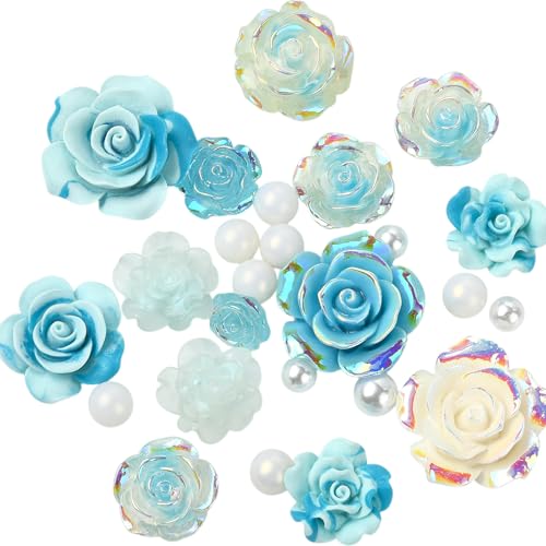 BEEFLIYNG 1 Pack Random 3D Resin ABS Colorful Rose Flower Butterfly Bow Charm Pearl Bead Acrylic Floral Decor Cabochons for Bracelet Earring Necklace Phone Case Craft DIY Jewelry Making - color: Blue