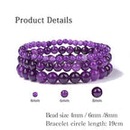 3 PCS Healing Crystal Bracelets for Women 8mm Natural Stone Beaded Stretch Bracelet Amethyst Jewelry Gifts - color: 4,6,8mm Amethyst