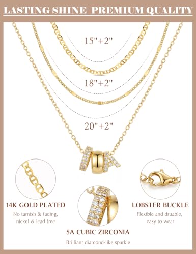 Layered Gold Necklaces for Women, 14K Gold Plated Dainty Cubic Zirconia Rondelle Initial Pendant Necklace, Chunky Stackable Mariner Chain Choker, Trendy Personalized Name Jewelry Gifts for Women - style: Letter A