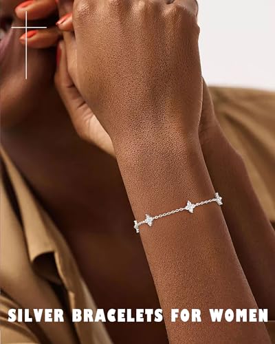 KOHOTA Silver Gold Bracelets for Women Trendy 14K Gold Plated Bracelet for Women Non Tarnish Dainty Stackable Clover Flower Heart Butterfly Diamond CZ Charm Station Bracelets Stack Jewelry Gifts - color: A: Clover-Silver