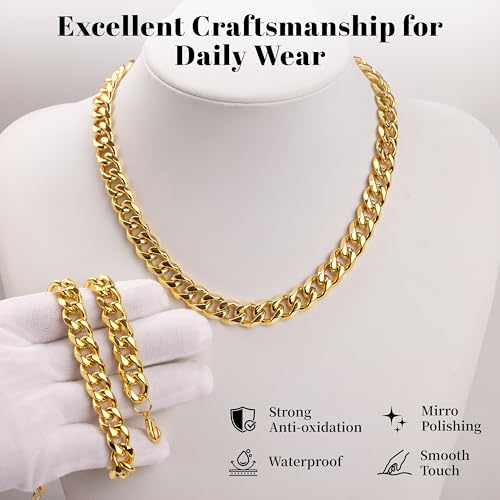 WomenGifts Cuban Link Chain Necklace for Women, Waterproof 14k Gold Silver Plated Chain Choker, Non Tarnish Stainless Steel Jewelry, 3.5/5/6/8/11mm,14/16/18 Inch Thin&Chunky&Thick - color: Gold, style: 11MM-16"