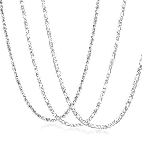 JEMARA 3Pcs Men's Stainless Steel 3mm Silver Chain Necklace Sets ，Non Tarnish Cuban Link Jewelry Gifts（18-22 inch） - size: 20 inches