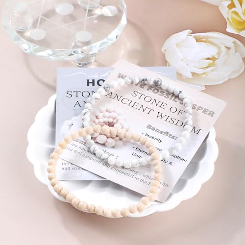 NCB 2.3-Piece 4mm Natural Crystal Gemstone Stretch Bracelets – Handmade Reiki Energy Healing Jewelry for Meditation,Yoga, Unisex - color: 2PCS ( Howlite+White Fossil Jasper ), size: 4mm