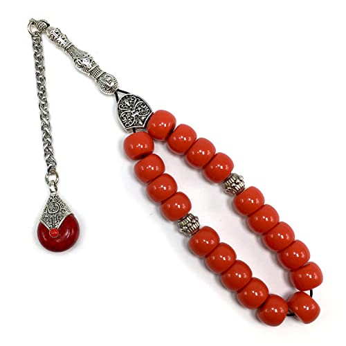 Simple Designed Natural Stone Worry Beads - Prayer Tesbih-Tasbih-Tasbeeh-Misbaha-Subha-Sebha-Sibha-Rosary (Candy Apple Red Resin Drum -13X9 mm- 19 Big Beads) - color: Candy Apple Red Resin Drum -13X9 mm- 19 Big Beads