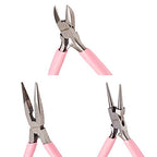 SUNNYCLUE 3pcs Jewelry Pliers Tool Set Professional Precision Tools for DIY Jewelry Making - Side Cutting Long Chain Nose Round Nose Pliers, Pink